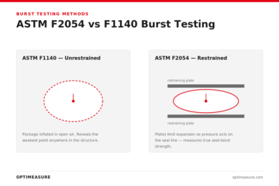Diagram comparing ASTM F1140 unrestrained burst testing with free package expansion against ASTM F2054 restrained burst testing between two restraining plates